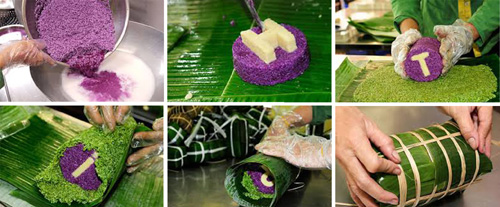 Le riz gluant est mélangé avec du lait de coco, du sel et du sucre puis emballé dans des feuilles de bananier.